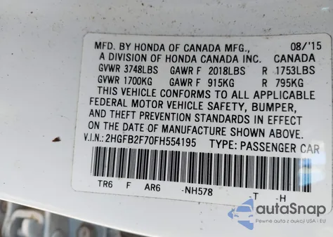 2015 Honda Civic Se z USA, uszkodzony, nr VIN 2HGFB2F70FH554195